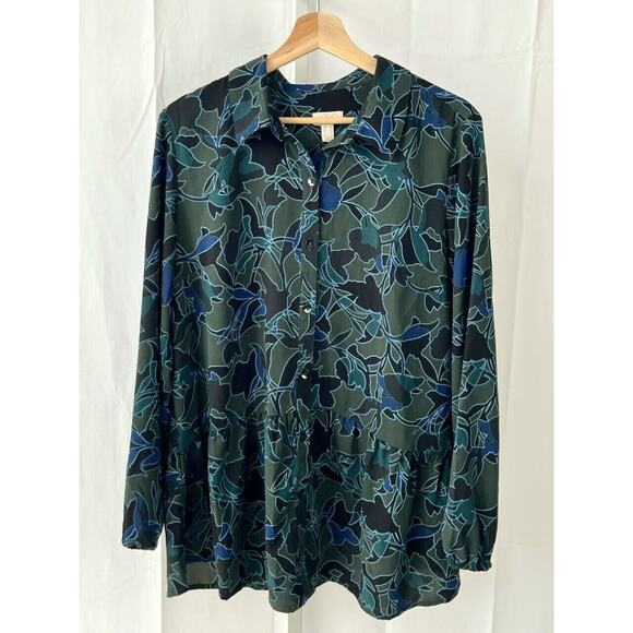 LOGO Lori Goldstein Sz M Floral Stretch Woven Button Up Blouse Long Sleeve Green - Picture 1 of 6